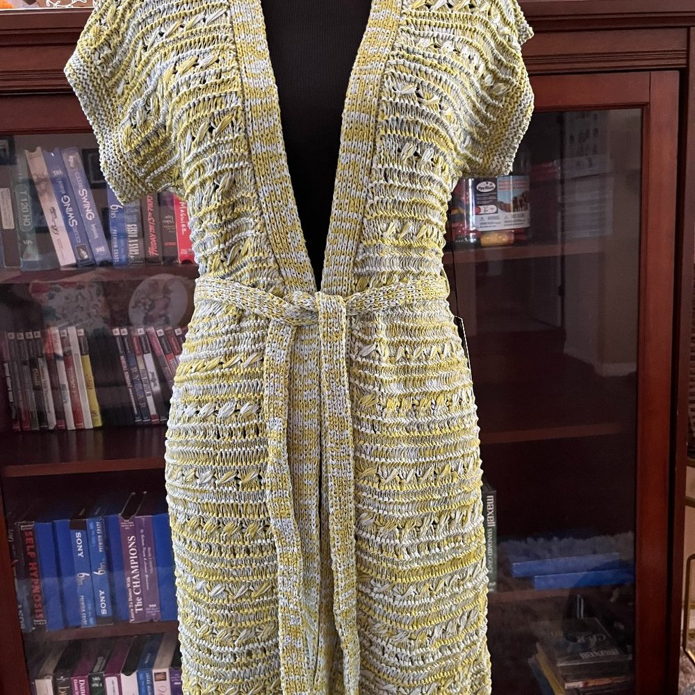 Green and grey woven long belted cardigan